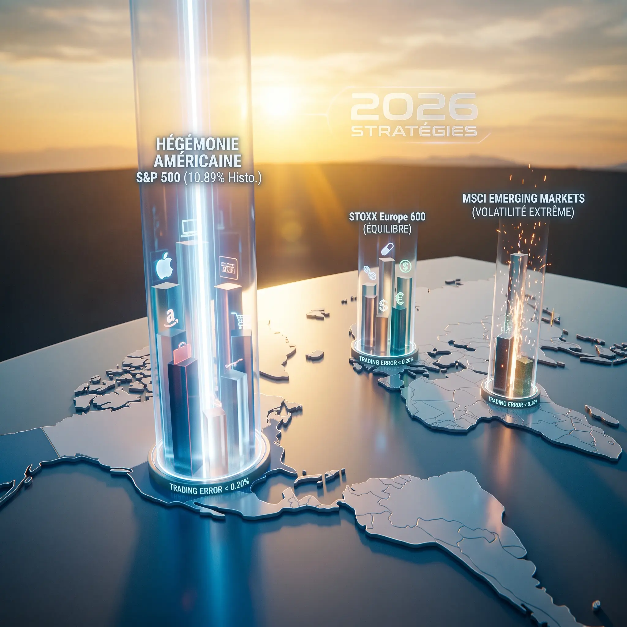 Quel est le meilleur portefeuille ETF pour votre épargne ? Carte du monde en 3D comparant les performances et le poids écrasant de l'indice S&P 500 face au STOXX Europe 600 et au MSCI Emerging Markets.