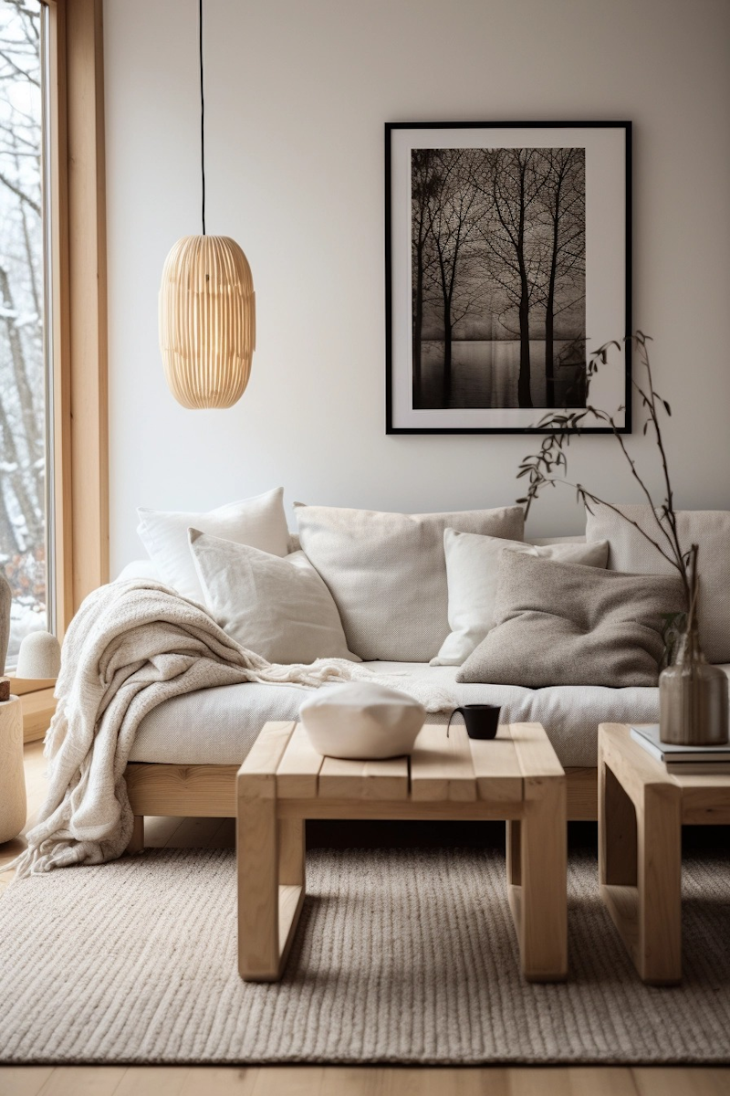 salon cosy et minimaliste avec lustre en bois