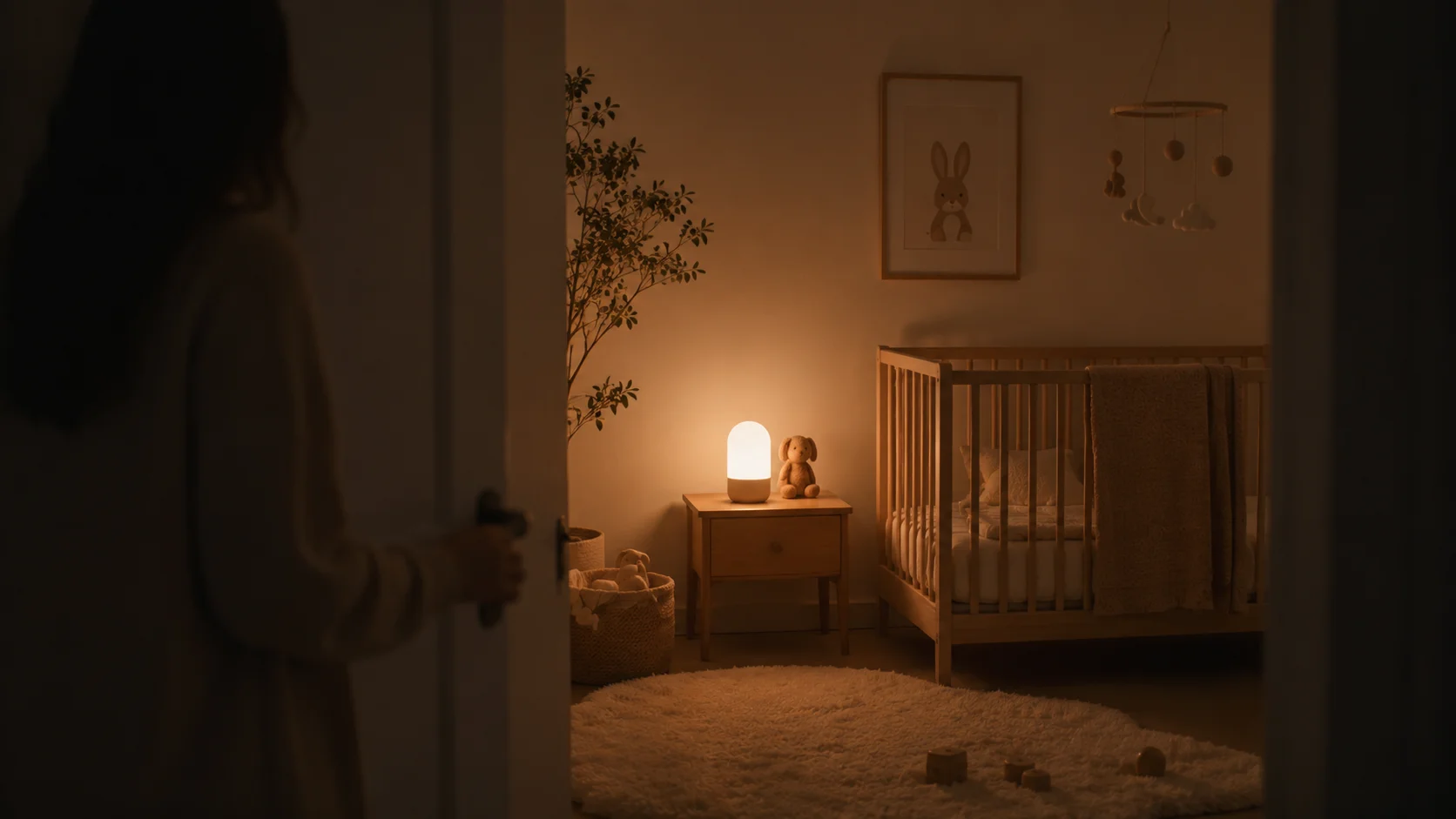 Chambre d'enfant avec une veilleuse diffusant une lumière douce et un parent refermant la porte, illustrant un environnement calme favorable au sommeil familial.