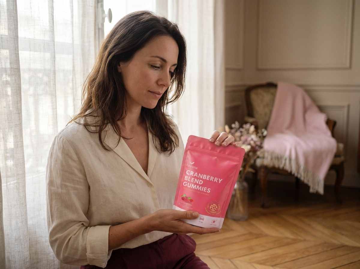 Femme tenant le pack Leevna dans un appartement parisien, marque française de cranberry contre les cystites à répétition.