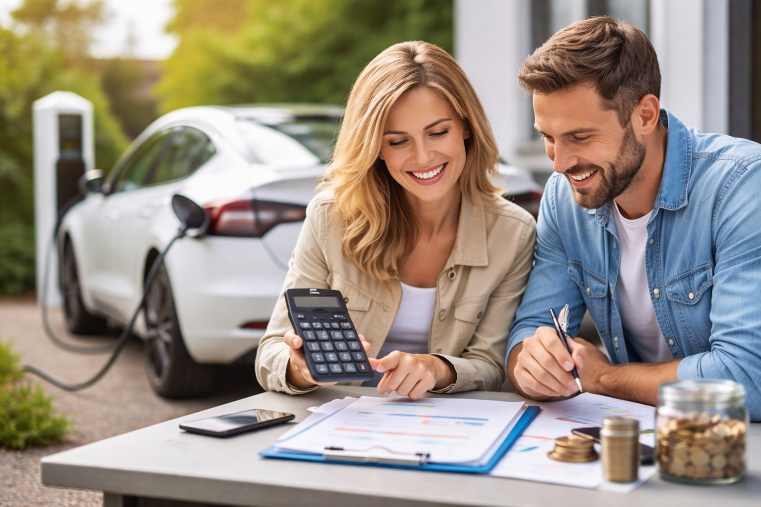 couple calculant le budget pour financer une voiture électrique devant leur véhicule en recharge