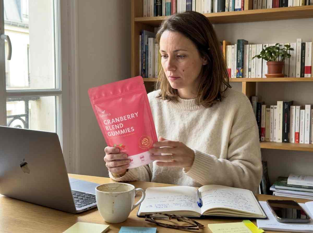 Avis Leevna : la journaliste Camille Renaud examine le sachet de gummies cranberry Leevna à son bureau avant de débuter son test.