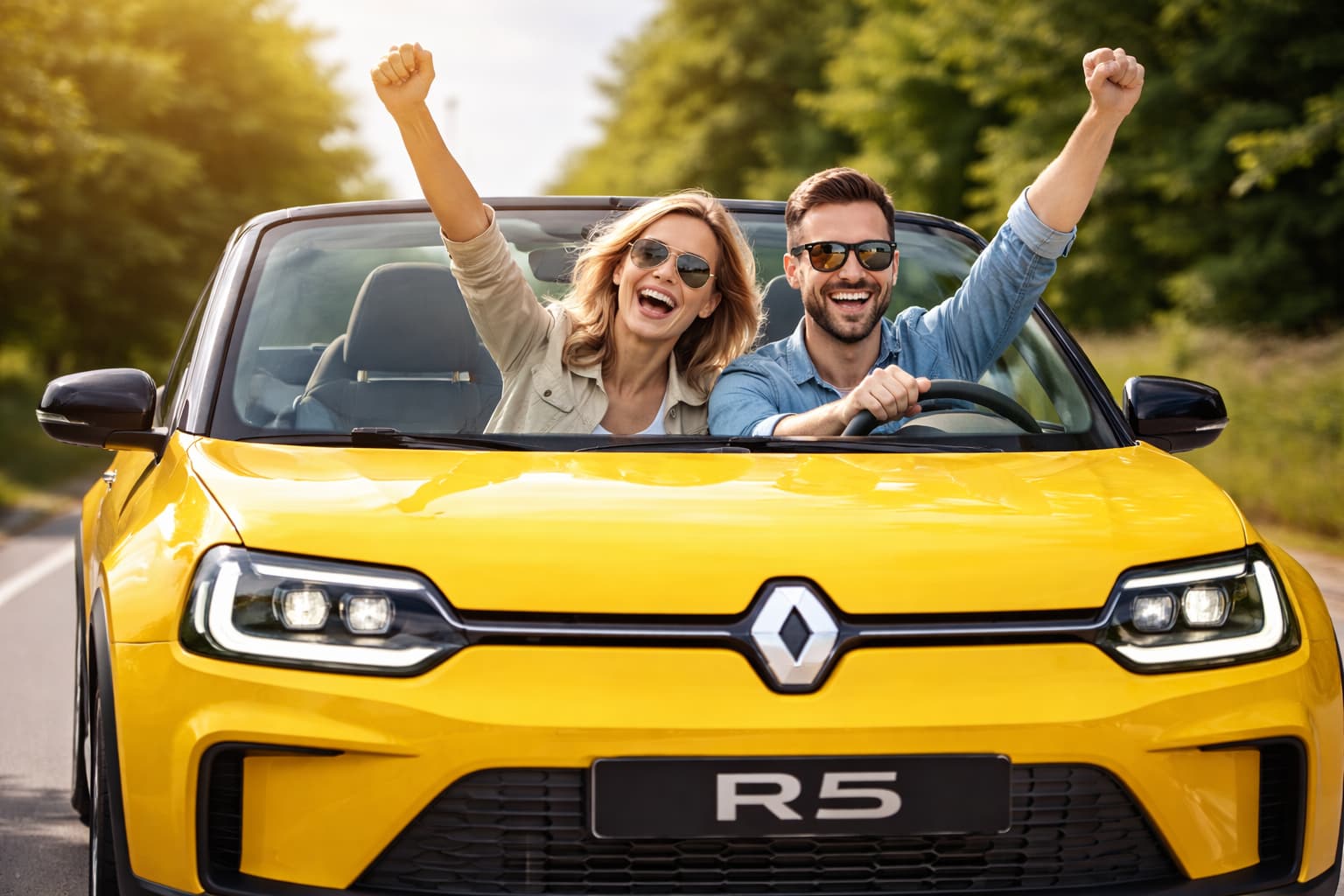 couple heureux dans une voiture électrique jaune célébrant l'achat de leur véhicule et la réduction de leurs mensualités