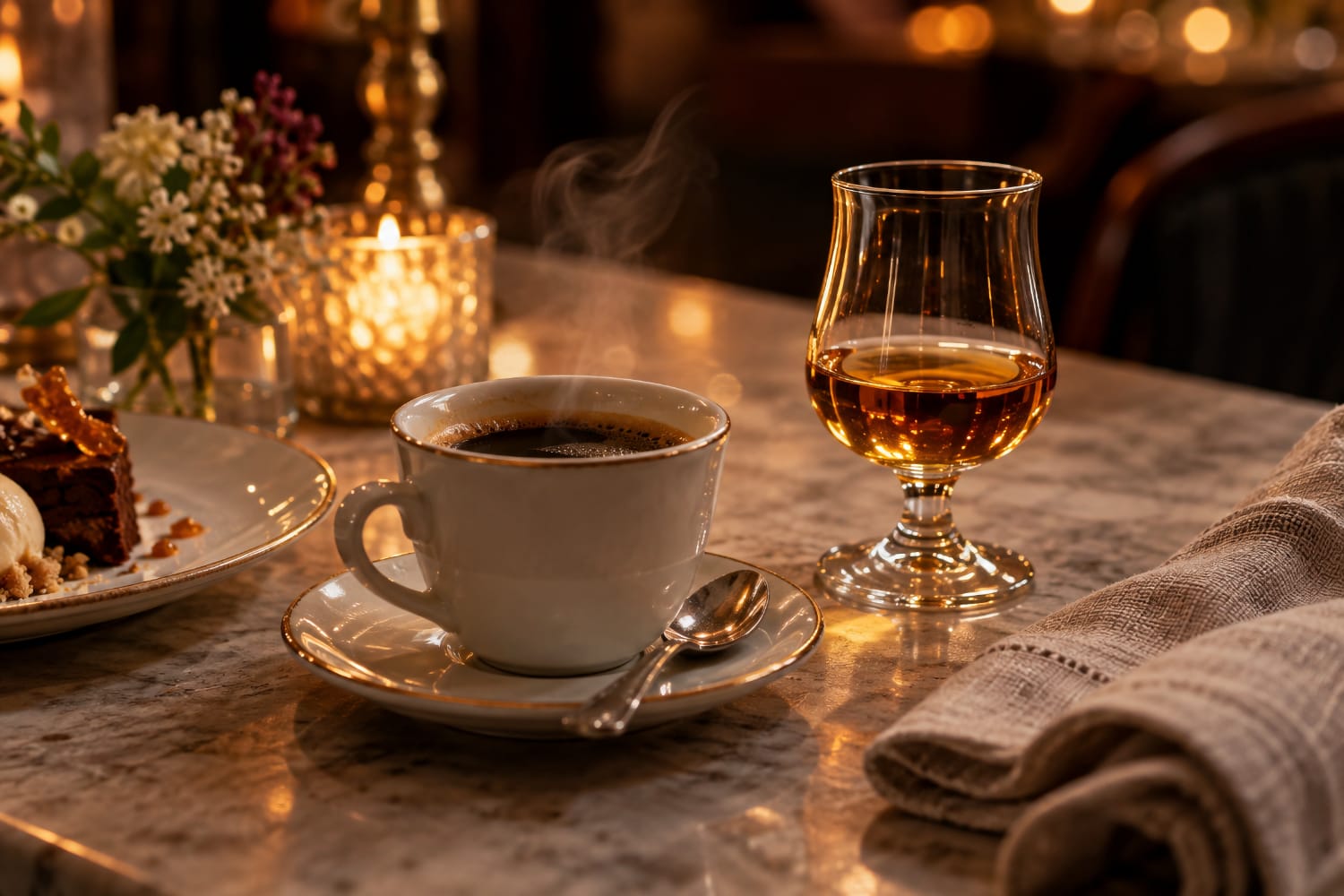 Tasse de café et petit verre de calvados sur une table de restaurant en fin de repas
