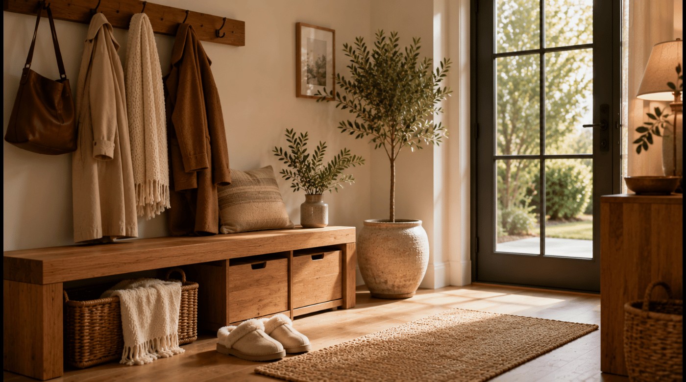 Entree organisée avec banc en bois, rangements discrets, manteaux et paire de chaussons près d’un tapis.