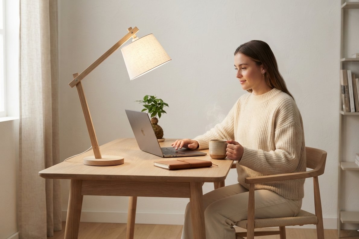 Une lampe orientable éclaire le plan de travail sans renvoyer de reflet dans l'écran.