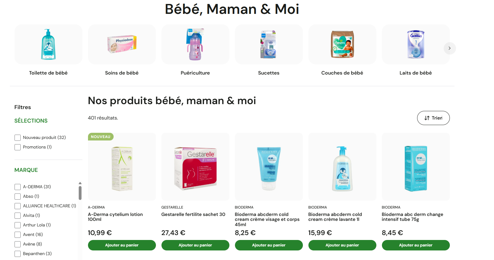 la catégorie maman bébé et moi avec les produits de la pharmacie en ligne aesiel.com