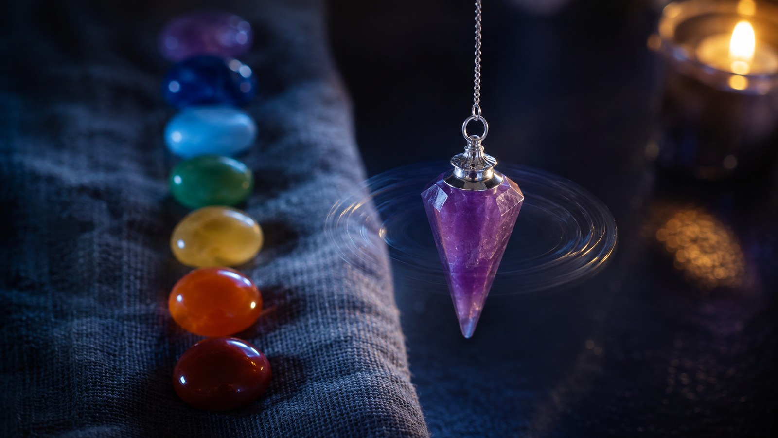 Pendule en améthyste en mouvement devant sept pierres colorées représentant les chakras