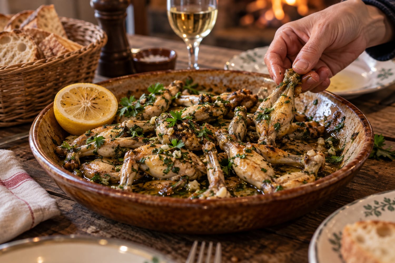 Plat de cuisses de grenouilles en persillade servi à partager avec du pain sur une table d'auberge