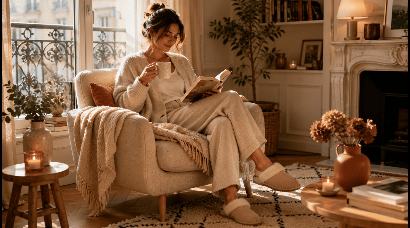 Femme profitant d’un moment de confort élégant à la maison