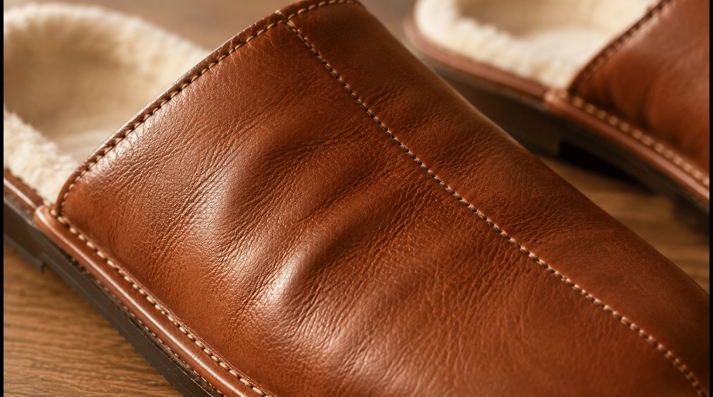 détail du cuir souple d’un chausson homme
