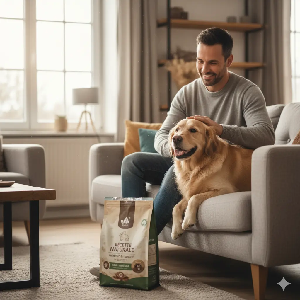 Un homme est assis confortablement sur un canapé, son chien (un Golden Retriever) à ses côtés, la tête posée sur ses genoux. L'homme, souriant, caresse son chien qui semble heureux et en bonne santé. Près d'eux, posé au sol, se trouve un sac de croquettes de haute qualité, symbolisant le résultat positif d'un choix alimentaire éclairé. L'image évoque un sentiment de bien-être, de confiance et de complicité entre le propriétaire et son animal.