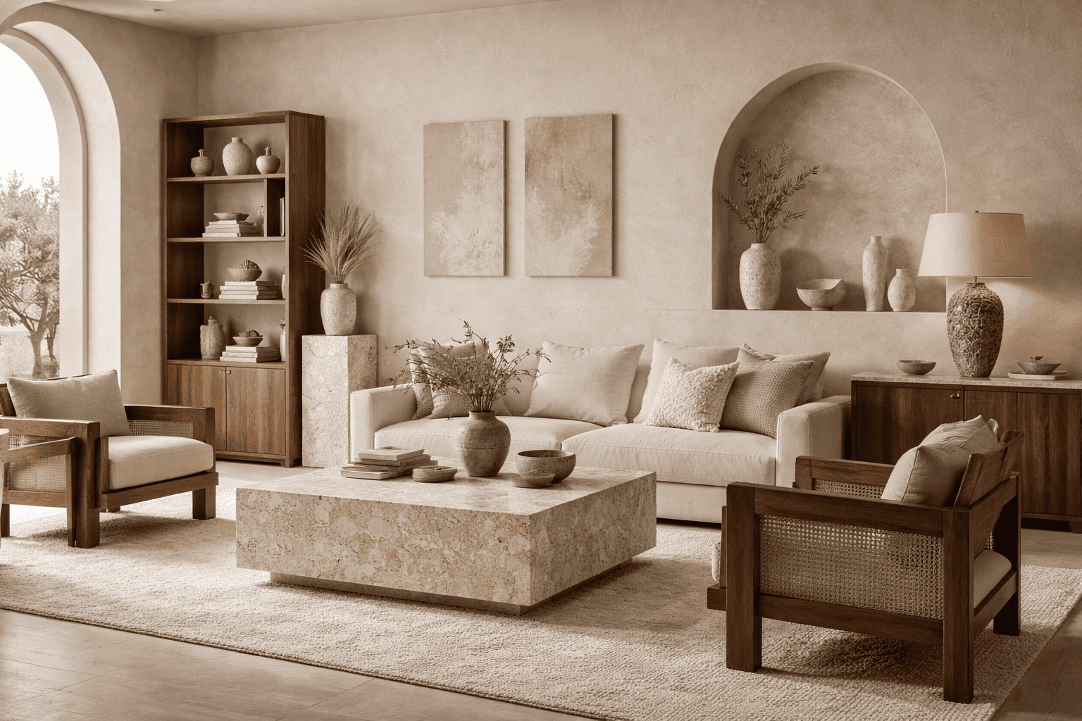 Salon bois de noyer et travertin