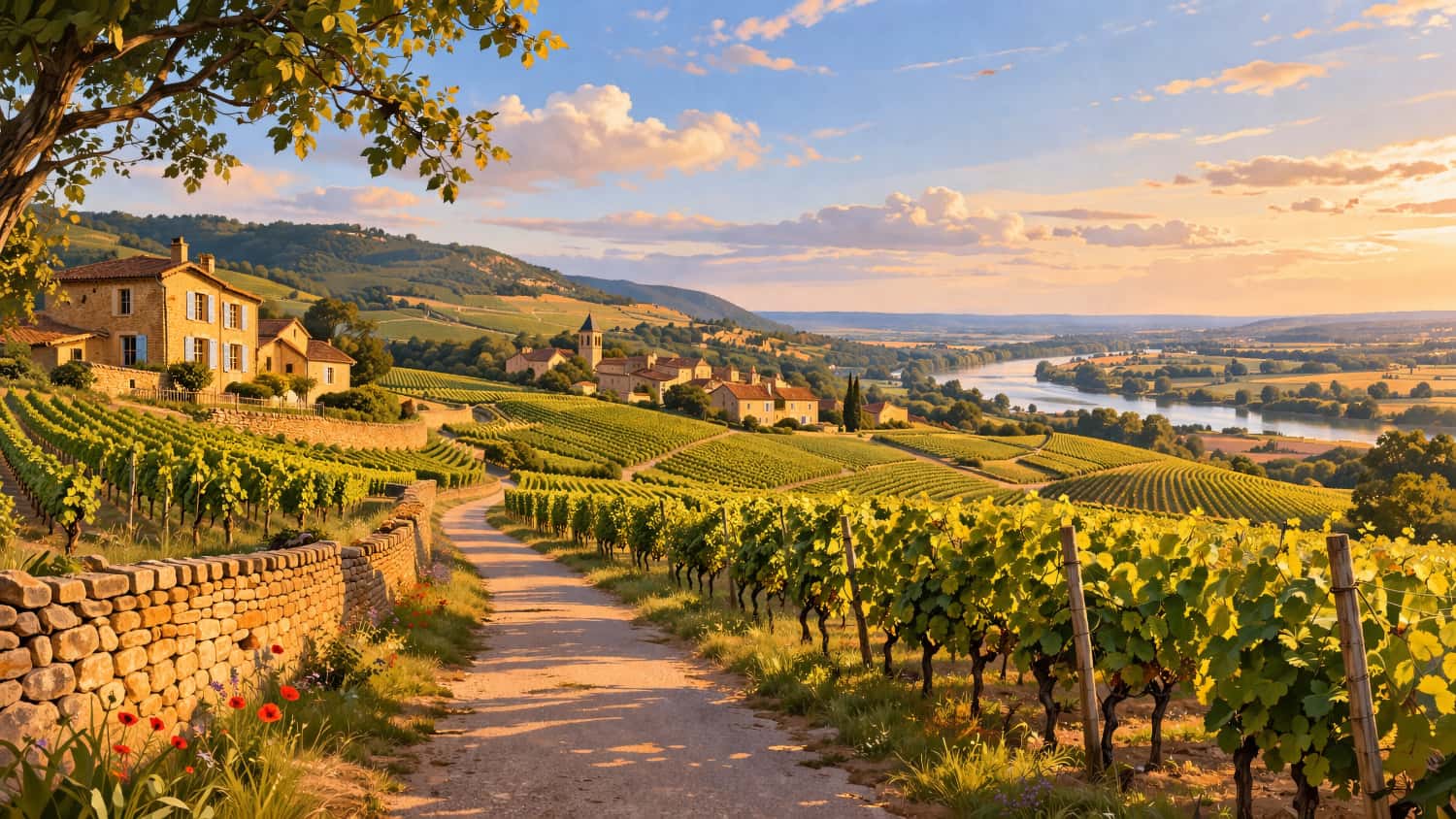 Chemin entre les vignes du Beaujolais, avec vue sur la vallée de la Saône au loin