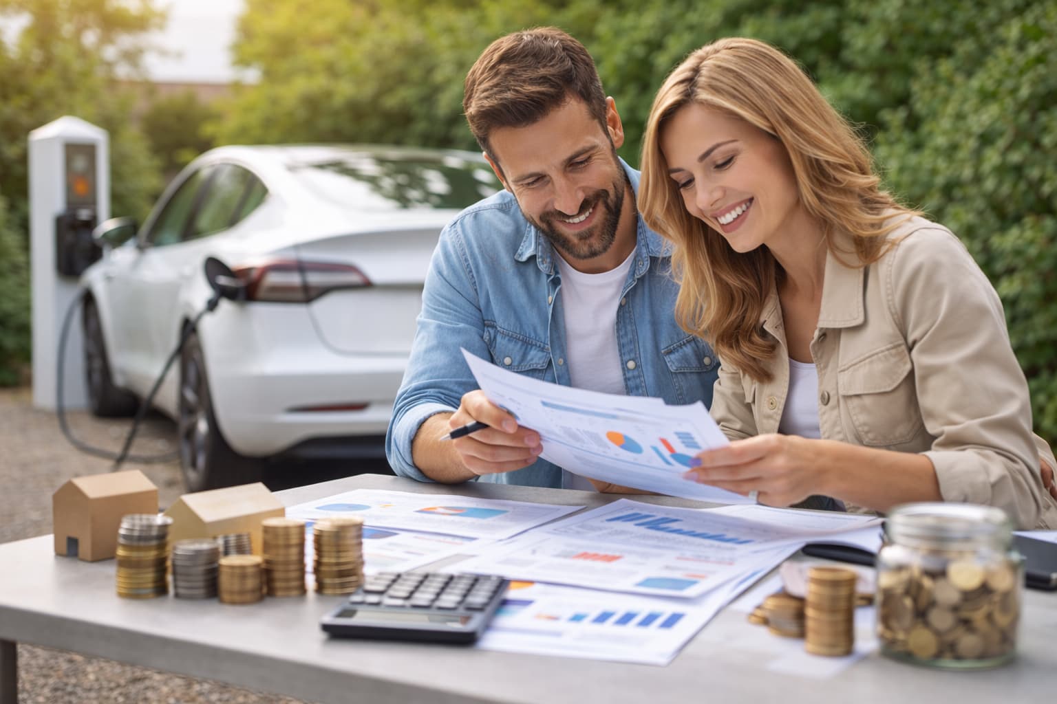 couple étudiant ses dépenses et mensualités pour équilibrer son budget et financer une voiture électrique