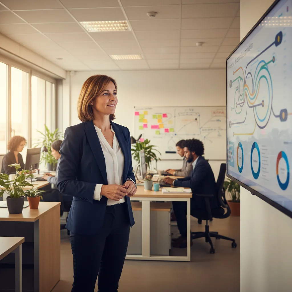Dirigeante de PME devant un tableau de bord d'automatisation des processus m&eacute;tier par l'IA