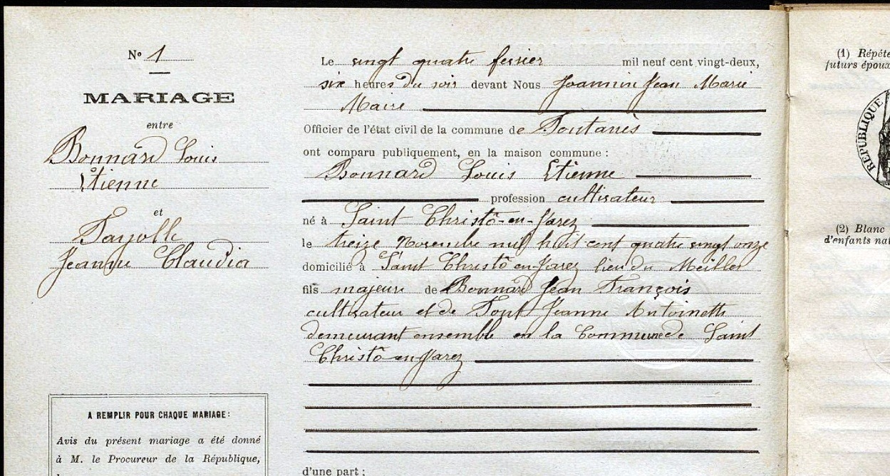 Registre d'état civil de mariage de 1922