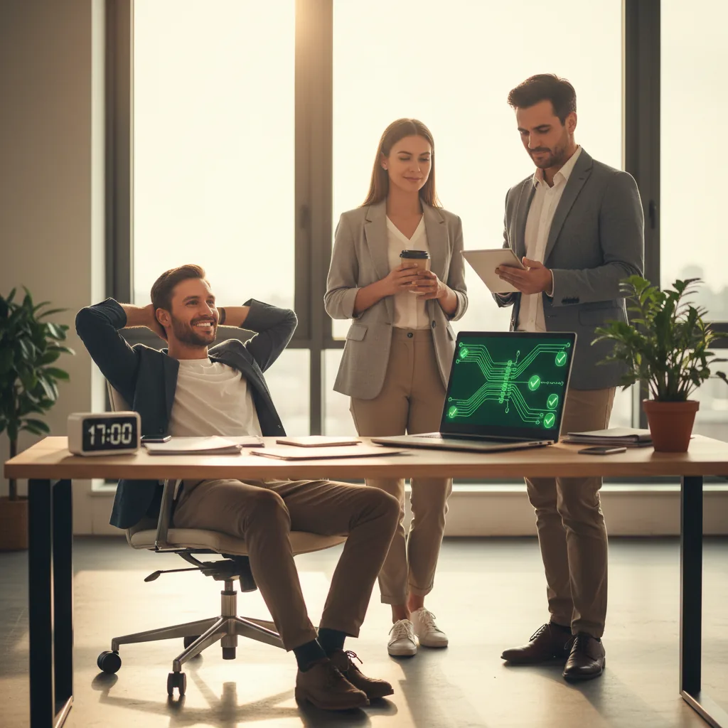&Eacute;quipe PME d&eacute;tendue apr&egrave;s avoir gagn&eacute; du temps gr&acirc;ce &agrave; l'automatisation IA de leurs processus