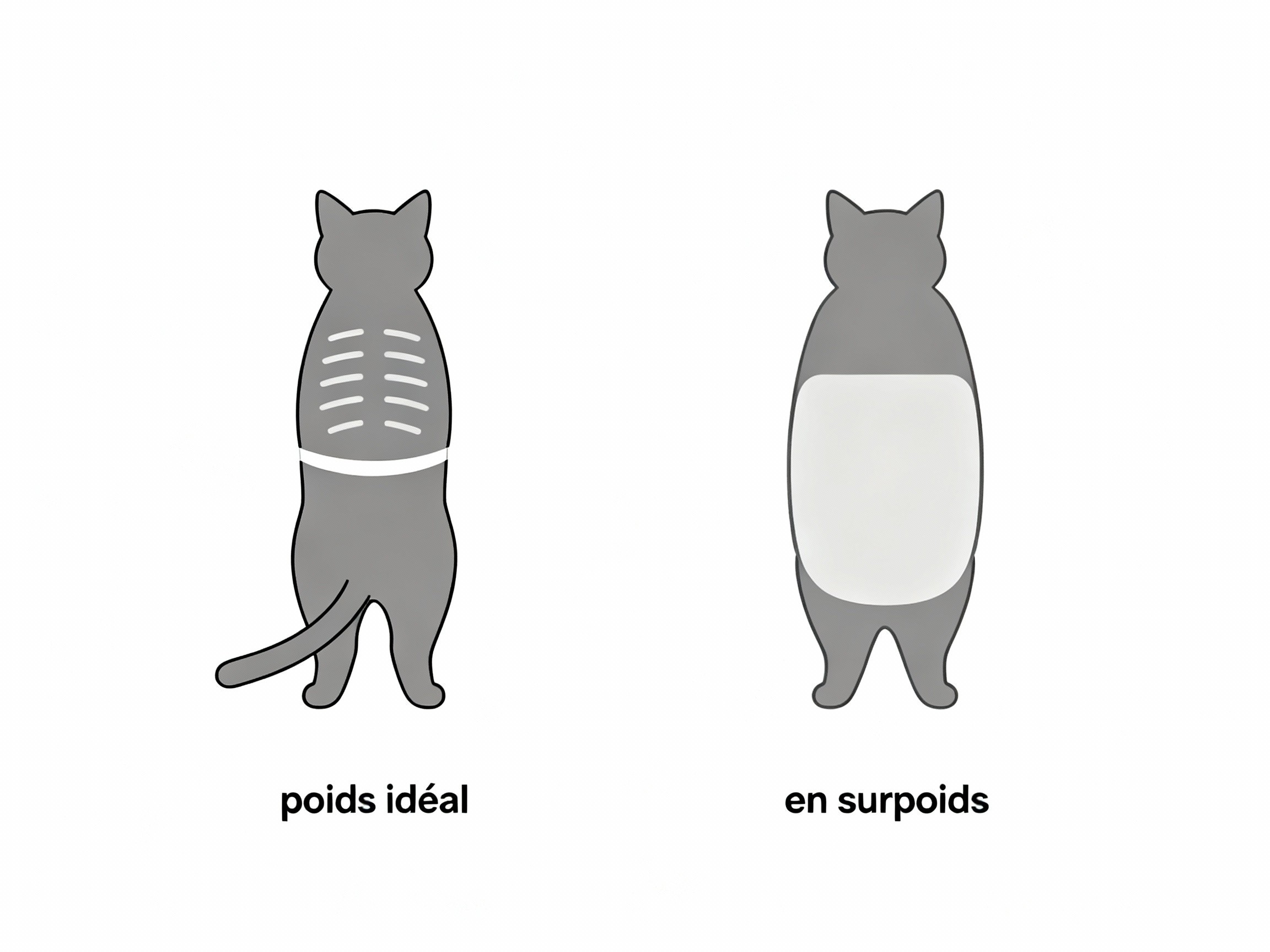Infographie simple montrant la différence entre un chat au poids idéal, avec une taille visible, et un chat en surpoids vu de dessus