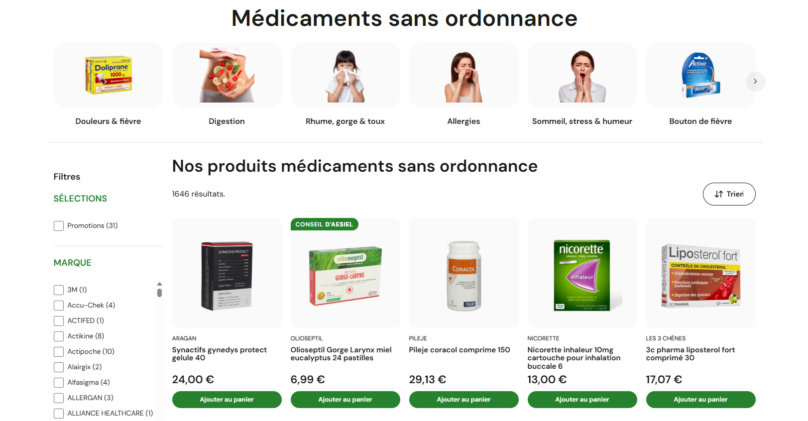 page e commerce des médicmants vendus par aesiel.com