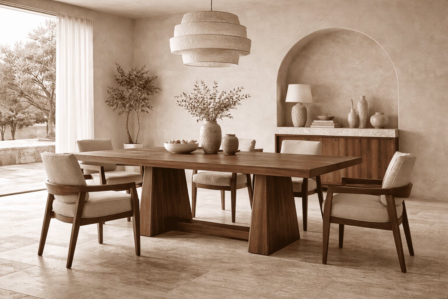 Séjour bois de noyer et travertin