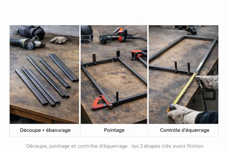 Étapes d’assemblage du cadre métal pour étagère industrielle découpe pointage équerrage