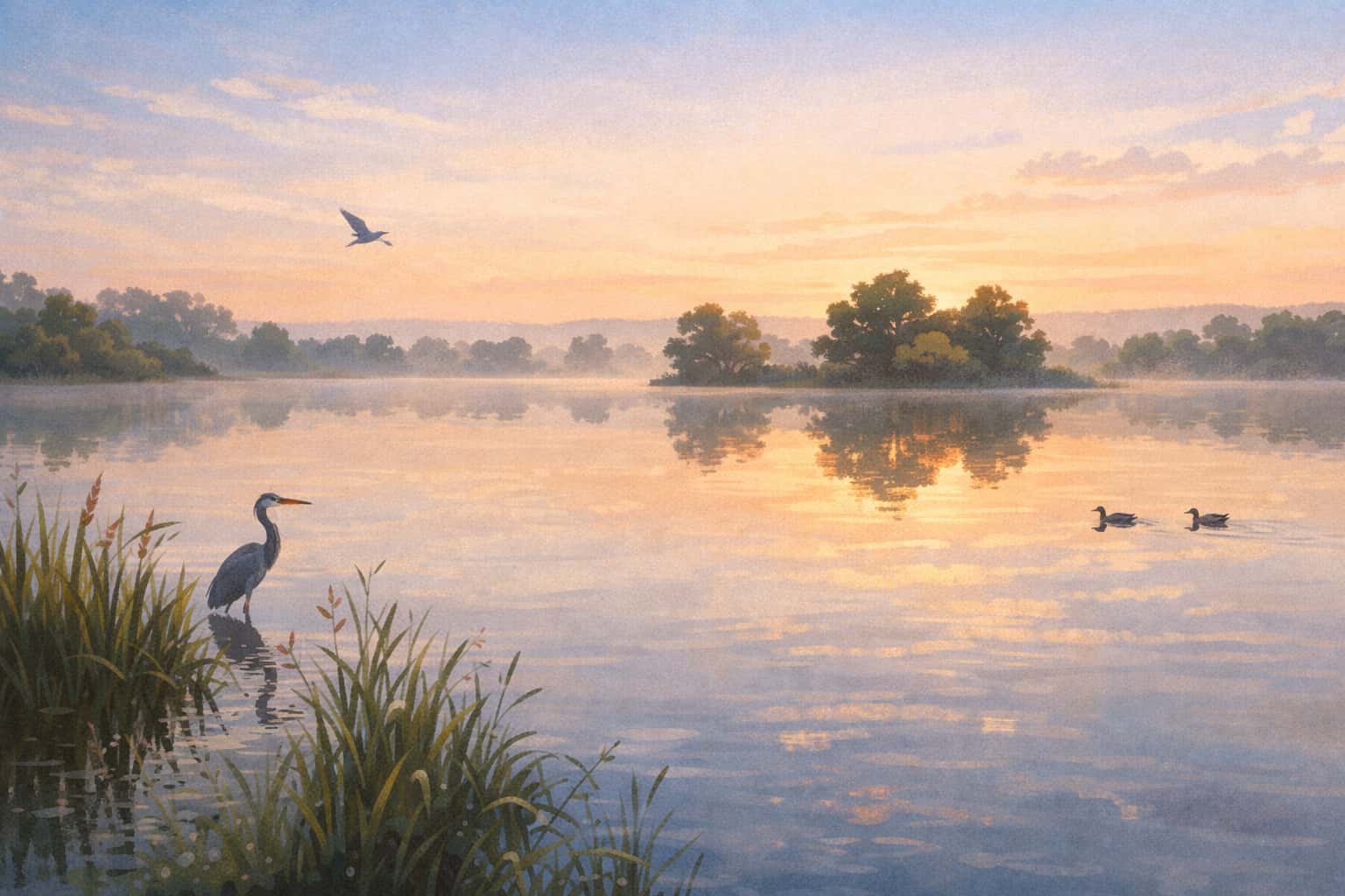 Étang calme au petit matin dans la Dombes, avec roselières et oiseaux au bord de l'eau