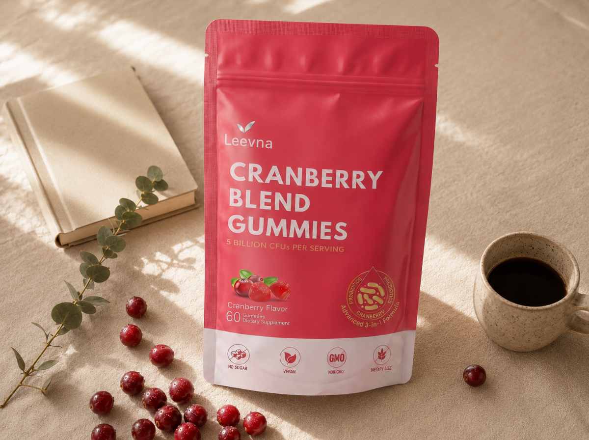 Pack Leevna, gummies cranberry made in France, photographié en vue éditoriale avec cranberries fraîches sur fond crème.