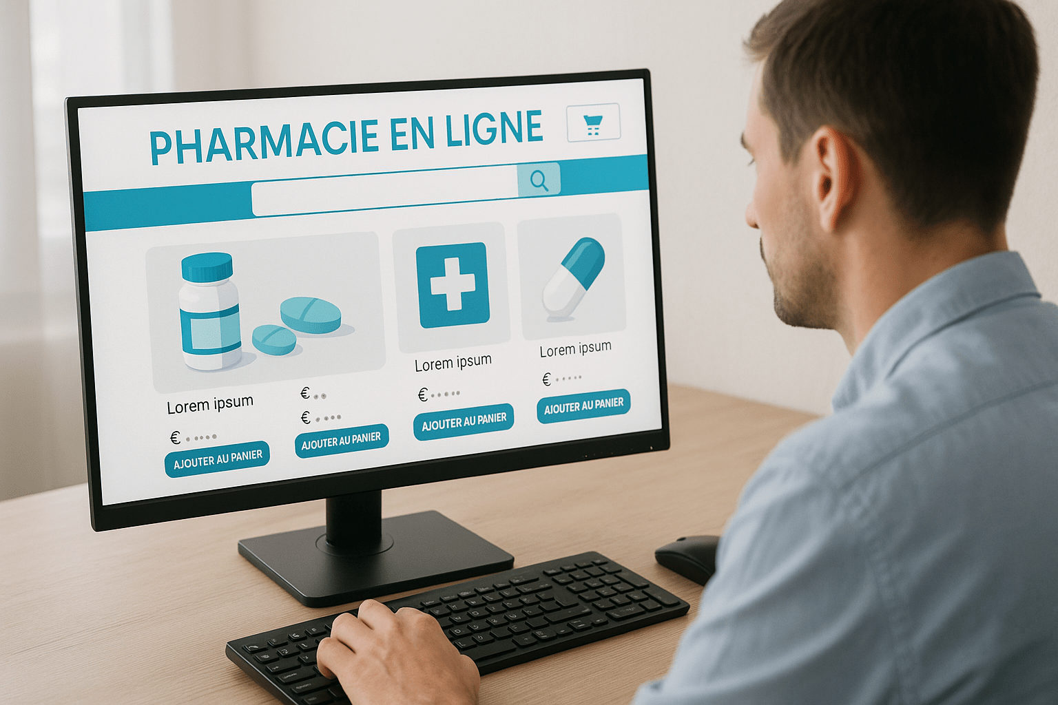 un homme devant son pc sur un site de pharmacie en ligne