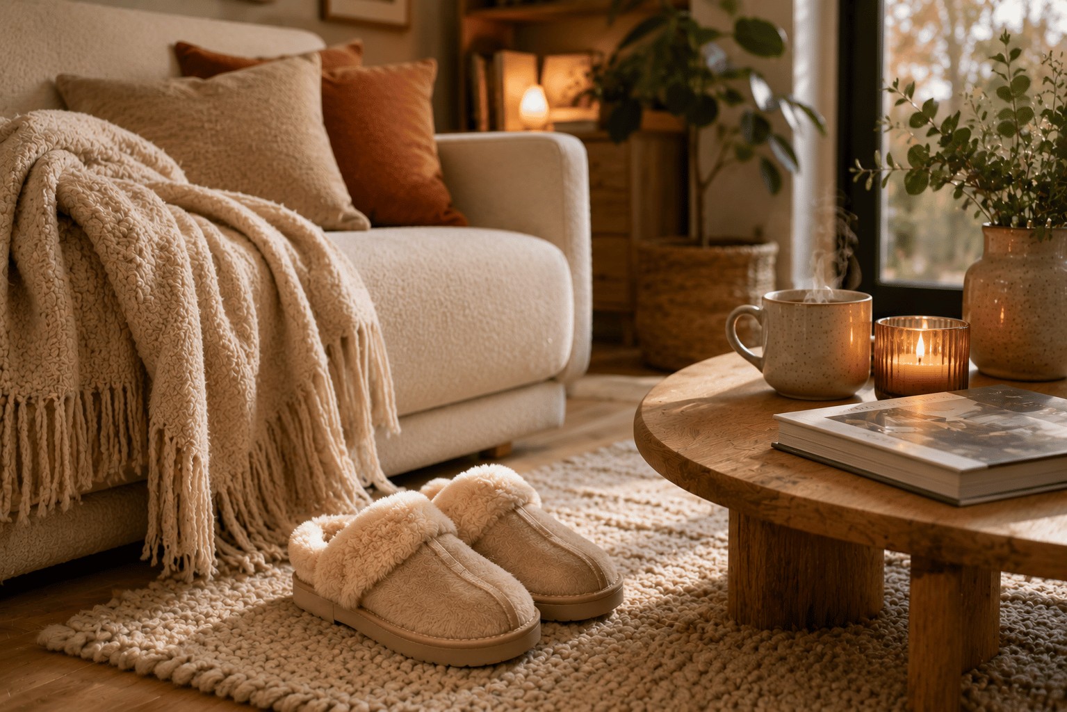 Paire de chaussons en fourrure pour femme dans un salon chaleureux avec plaid et tasse chaude.