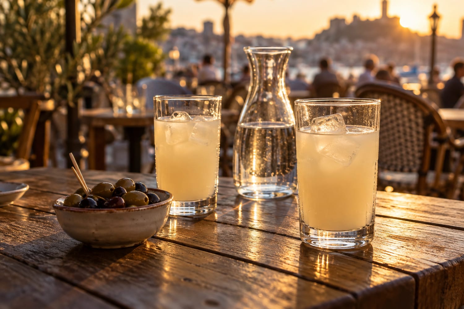 Verres de pastis et carafe d'eau fraîche sur une table de bistrot en terrasse à l'heure de l'apéritif