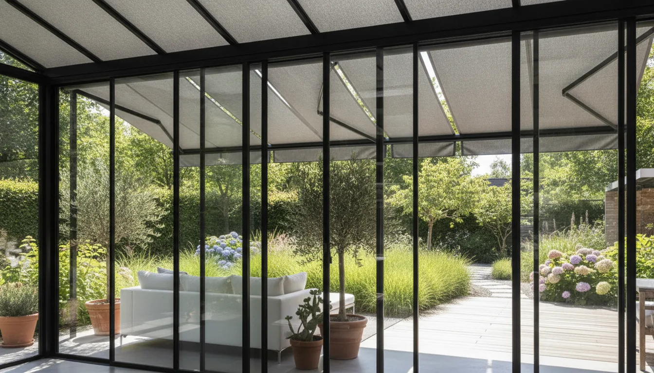 Véranda en aluminium noir équipée de stores extérieurs de toiture pour filtrer le soleil