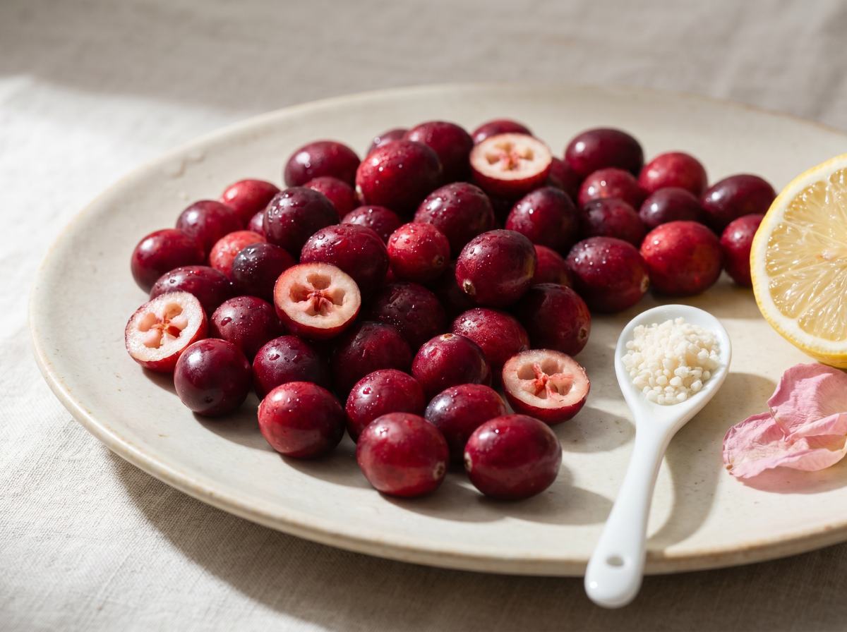 Cranberries fra&icirc;ches et ingr&eacute;dients naturels illustrant l'extraction &agrave; froid de la formule Leevna