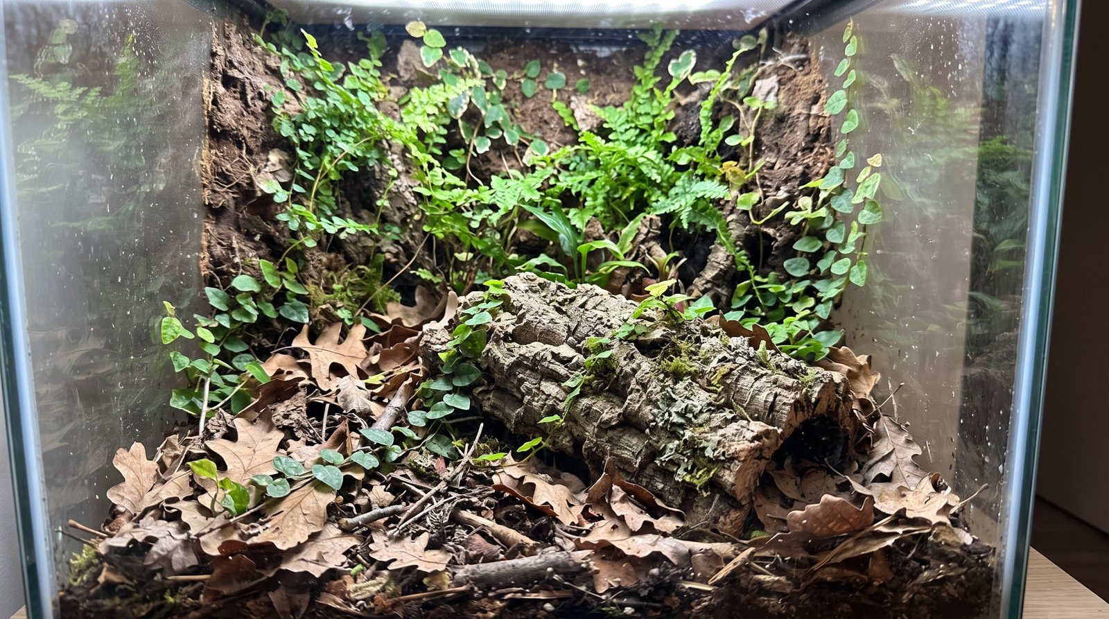 Partie terrestre plantée d'un terrarium humide, avec feuilles de chêne, écorce de liège et plantes tropicales