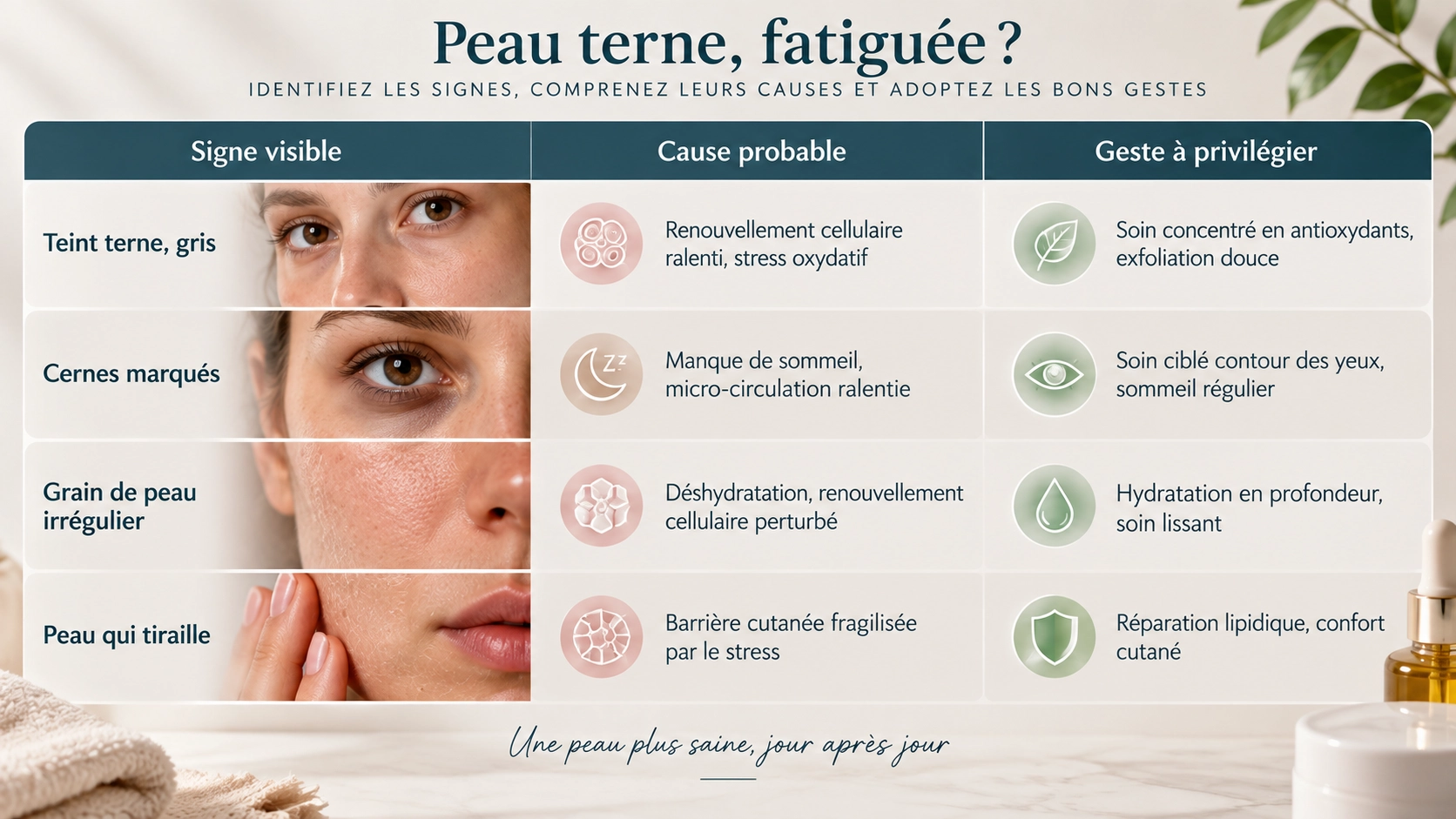 Signe distinctifs d'une peau terne et fatiguée