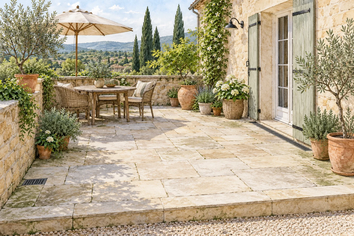 Terrasse en pierre avec quelques d&eacute;p&ocirc;ts et mobilier regroup&eacute; avant nettoyage