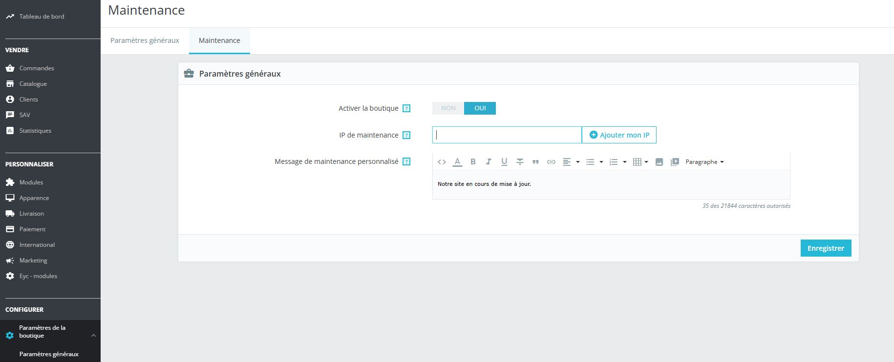 activation mode maintenance prestashop