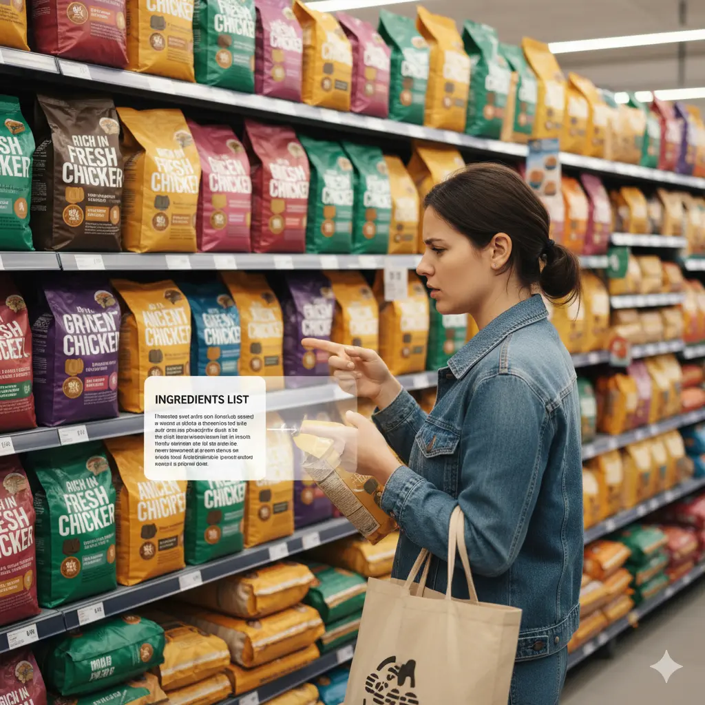 Une jeune femme se tient dans le rayon animalerie d'un supermarché, l'air perplexe et concentré. Elle est face à des étagères remplies de sacs de croquettes aux emballages colorés et variés. De sa main, elle pointe un sac qu'elle tient, tandis qu'une interface holographique superposée à l'image met en évidence la liste des ingrédients, symbolisant sa tentative de décrypter les informations nutritionnelles au-delà du marketing.