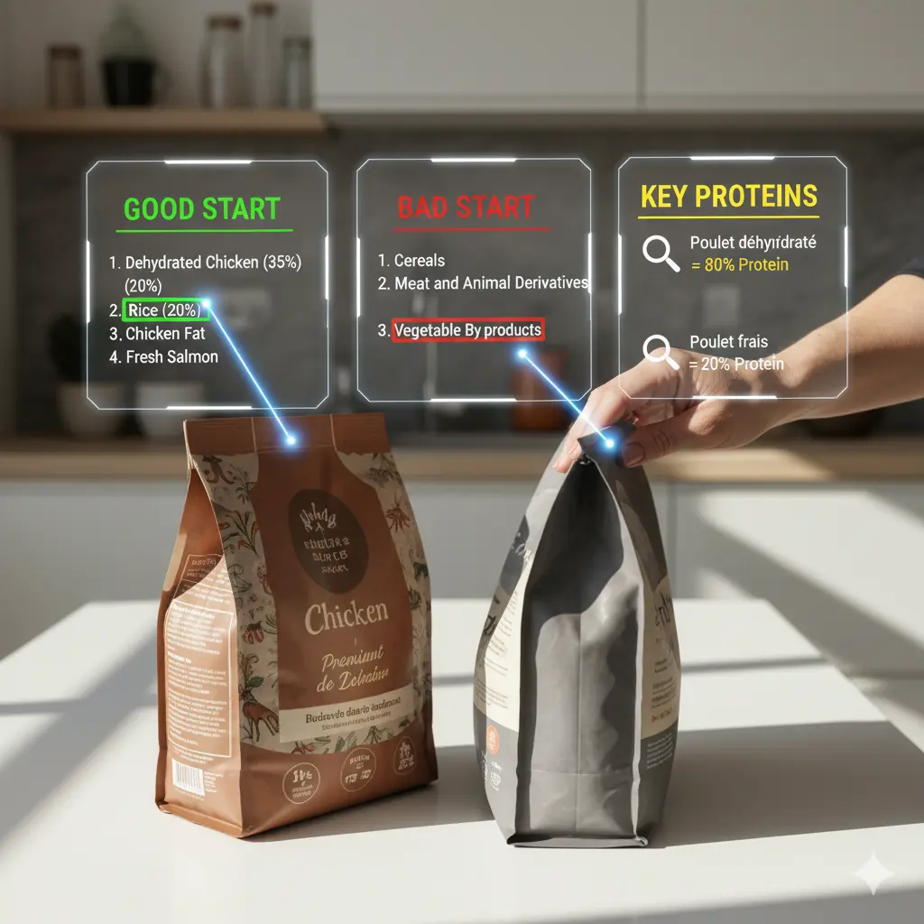 Une personne compare deux sacs de croquettes posés sur un plan de travail de cuisine. Le sac de gauche, à l'emballage d'aspect premium, est identifié comme "Bon Départ", avec des infographies pointant vers des ingrédients de qualité comme "Poulet déshydraté" et "Riz". Le sac de droite, plus générique, est étiqueté "Mauvais Départ", avec des flèches indiquant des termes vagues comme "Céréales" et "Sous-produits animaux". Une autre infographie met en évidence la différence de concentration en protéines entre le "poulet frais" et le "poulet déshydraté", illustrant le décryptage des étiquettes.