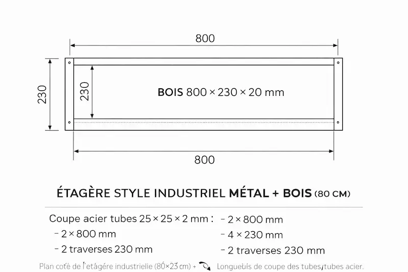 Plan coté étagère style industriel métal bois 80 cm avec dimensions