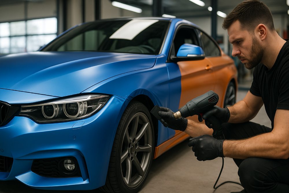 Pose de film covering satin bleu sur une voiture par un porticulier