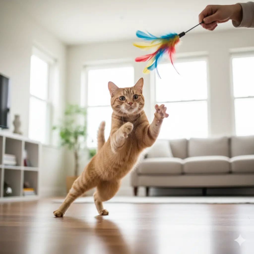 Un chat d'intérieur jouant activement avec un plumeau coloré, démontrant l'importance de l'exercice pour le bien-être du chat.